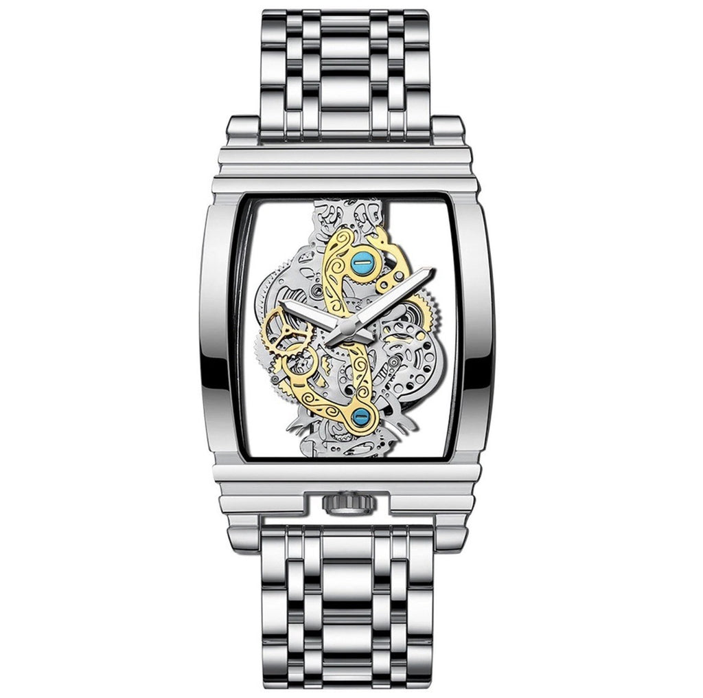 Mens Stainless Steel Luminous Hand Square Quartz Wristwatch Steampunk Dial Watch