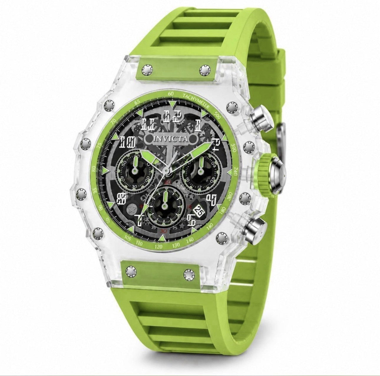Invicta Racing Vaulthan Men's Watch 69688 44mm Clear Case Green Band Skeleton