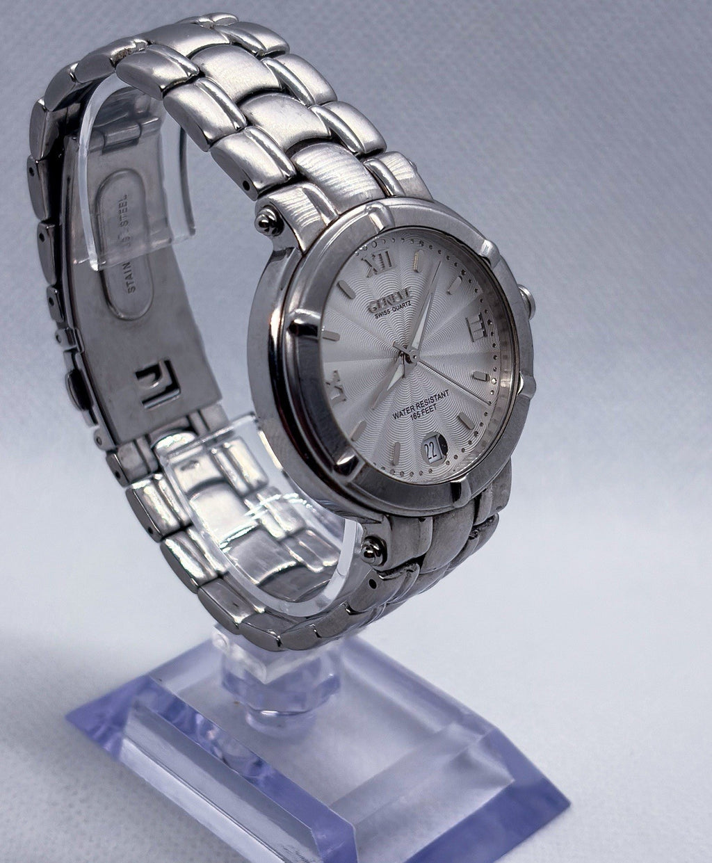 Vintage Geneve Swiss Stainless Steel Silver Guilloche Roman Date Men's Watch