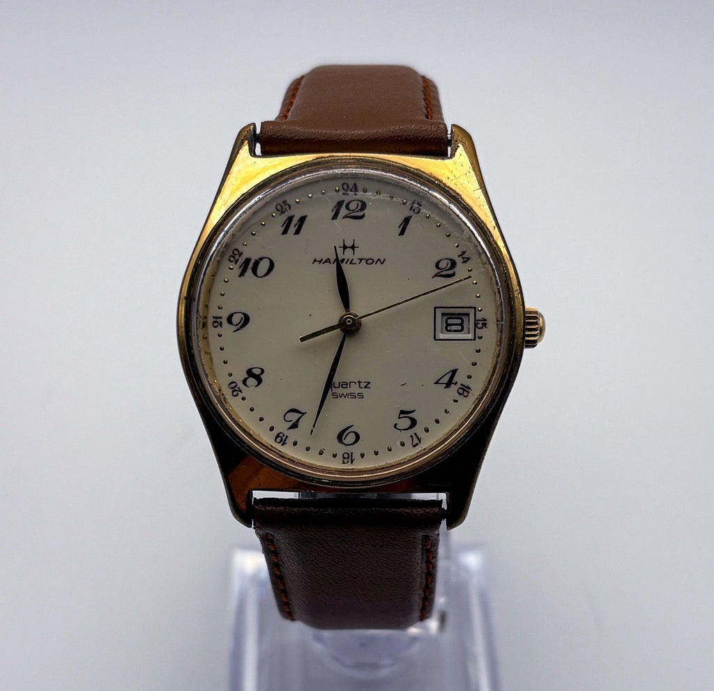 Hamilton 9058 Gold Quartz 34mm Swiss Mens Watch Cream Breguet Dial Date