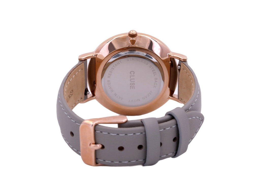 Cluse La Boheme Watch Women Rose Gold Case 38mm Gray Leather Band Black Dial