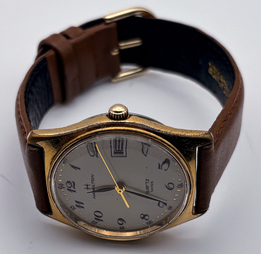 Hamilton 9058 Gold Quartz 34mm Swiss Mens Watch Cream Breguet Dial Date