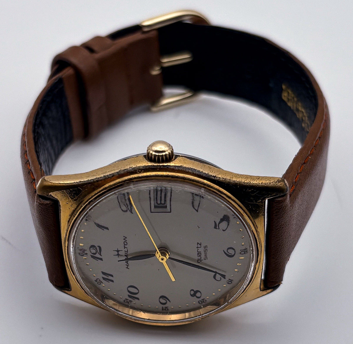 Hamilton 9058 Gold Quartz 34mm Swiss Mens Watch Cream Breguet Dial Date