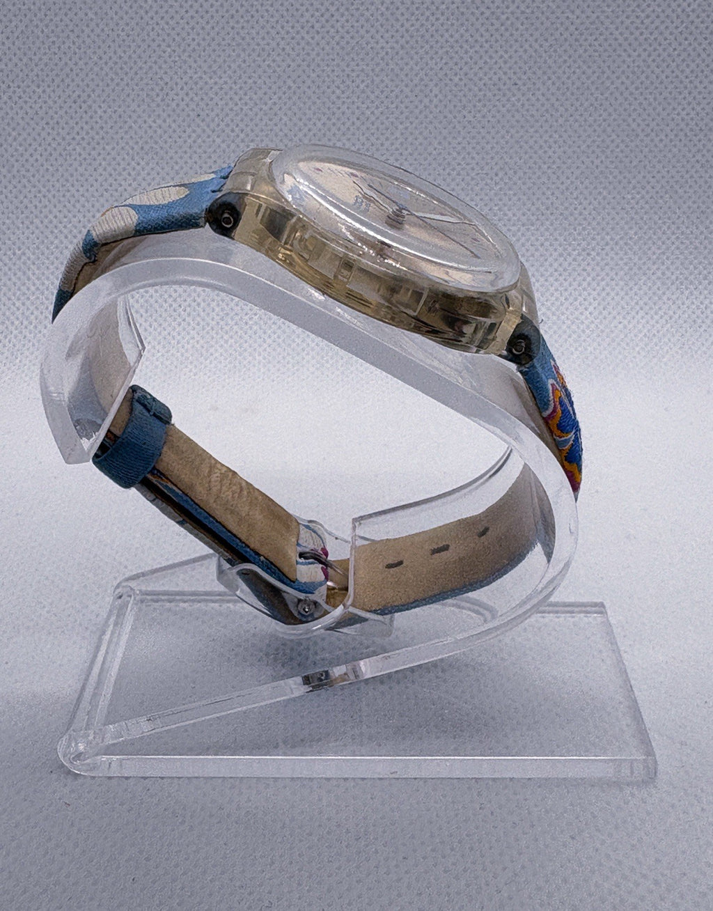 Swatch Happy Field Watch Silver Face Embroidered Flowers Band Clear Case GE146