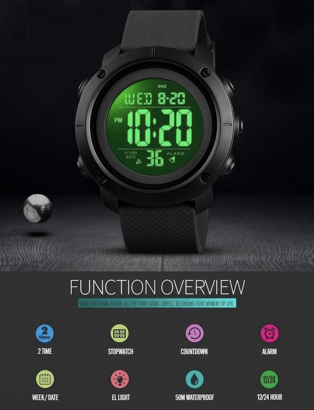 Olazone Quartz Watch Men 5 ATM Black Reverse LCD Digital Alarm Chrono 1426