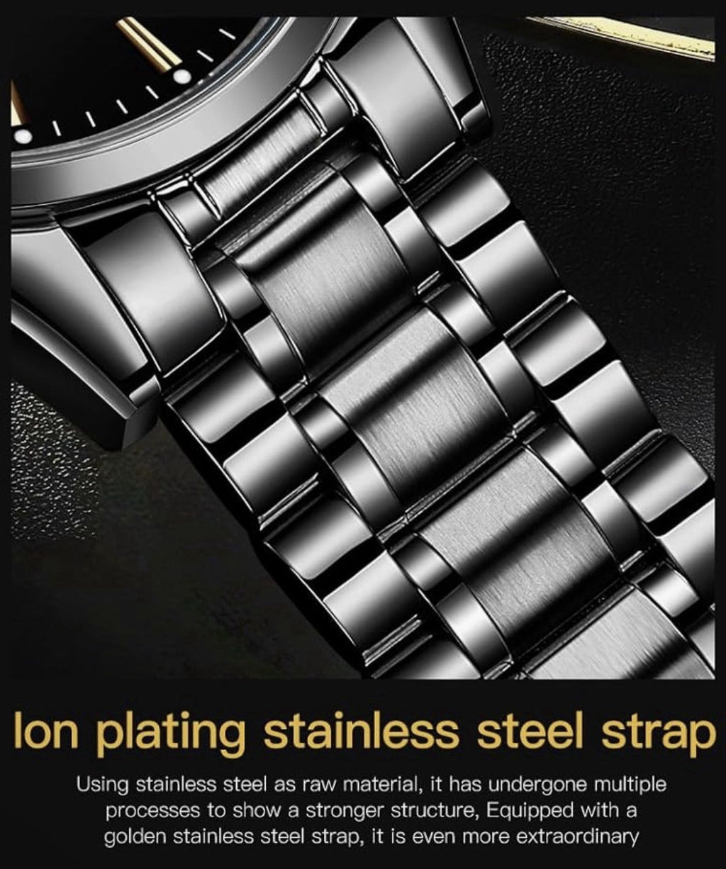 NIB OLEVS Men's Luxury Watch 6898G Ion Stainless Steel Band Blue Dial Day/Date