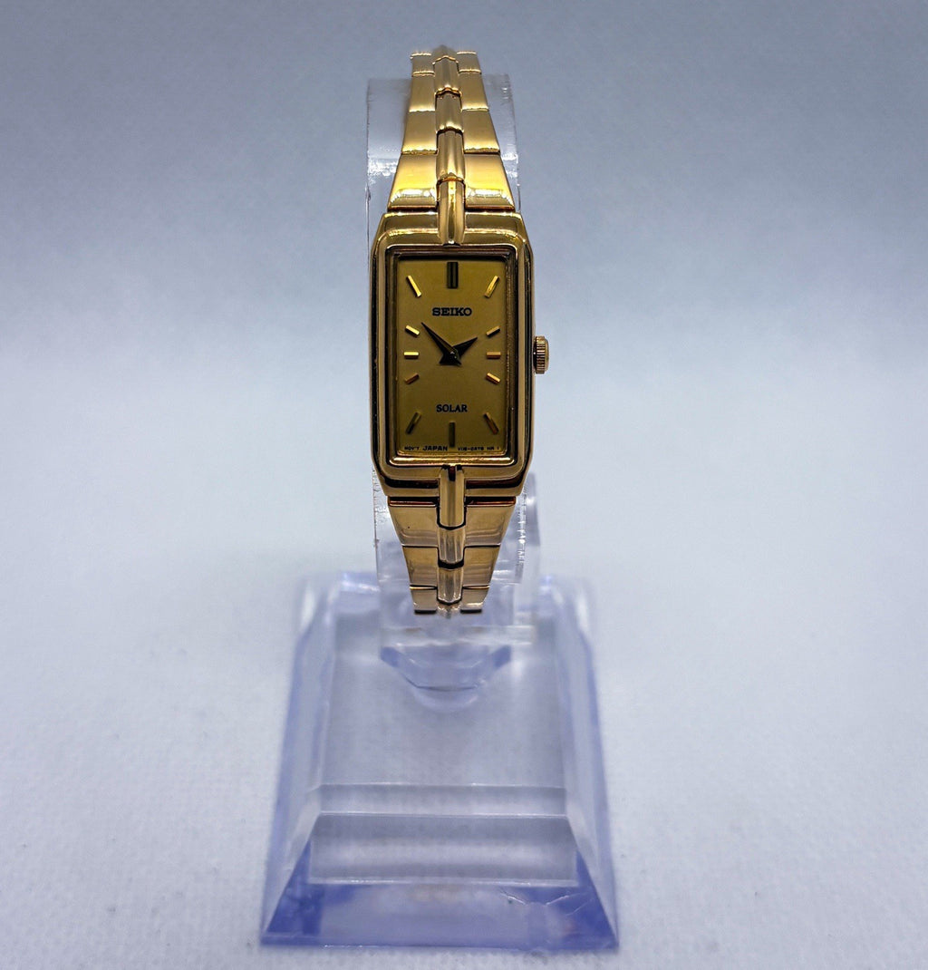 Seiko Solar Women's Tank Watch V116-0AH0 Gold Tone Rectangle Dress Wristwatch