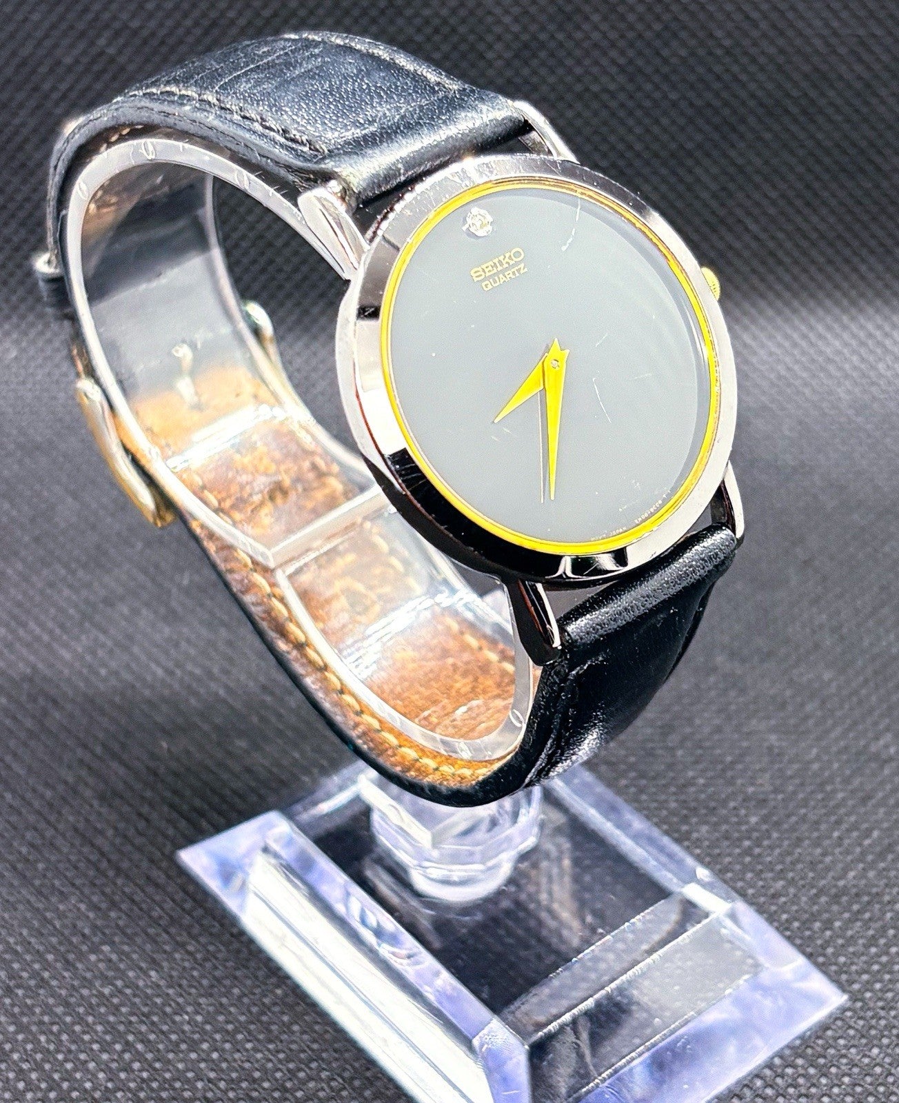 Vintage 1992 Seiko 7N00-8A49 Museum 34mm Black Dial Diamond Accent Quartz Watch