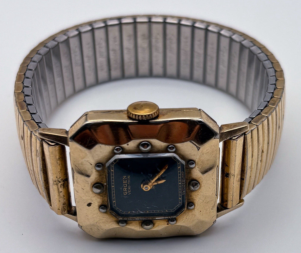 Vintage 1950 Gruen Veri-Thin 10K Gold Filled Faceted Bezel Black Gilt Mens Watch