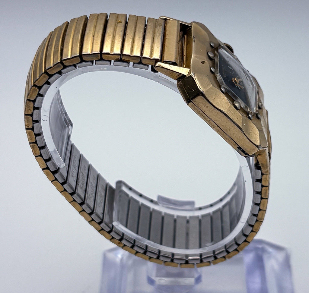 Vintage 1950 Gruen Veri-Thin 10K Gold Filled Faceted Bezel Black Gilt Mens Watch