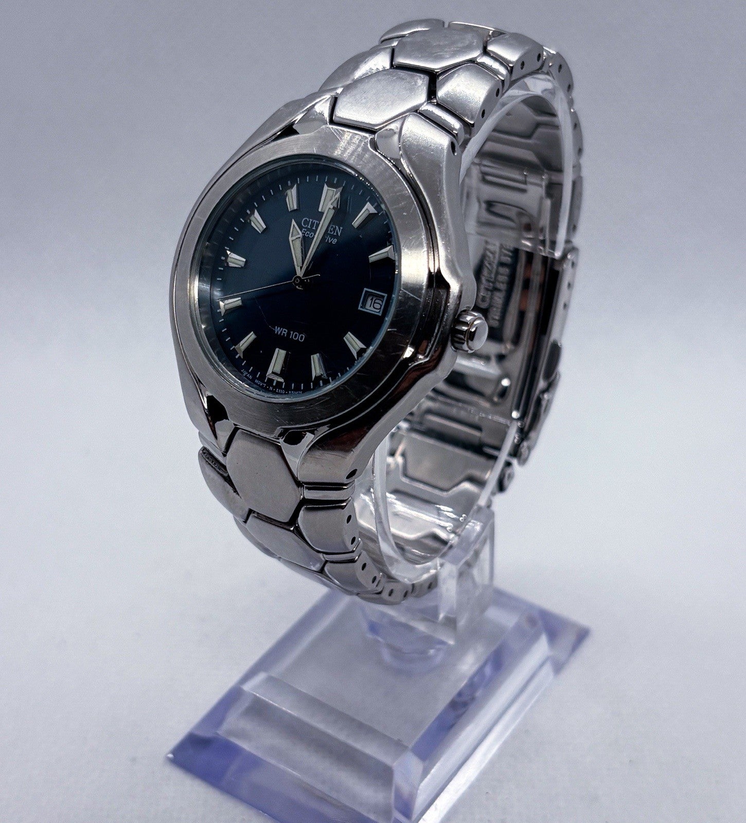 Citizen Eco-Drive E110-K16385 Blue Dial 37mm Hex Link SS Men's Watch 6.5” Wrist
