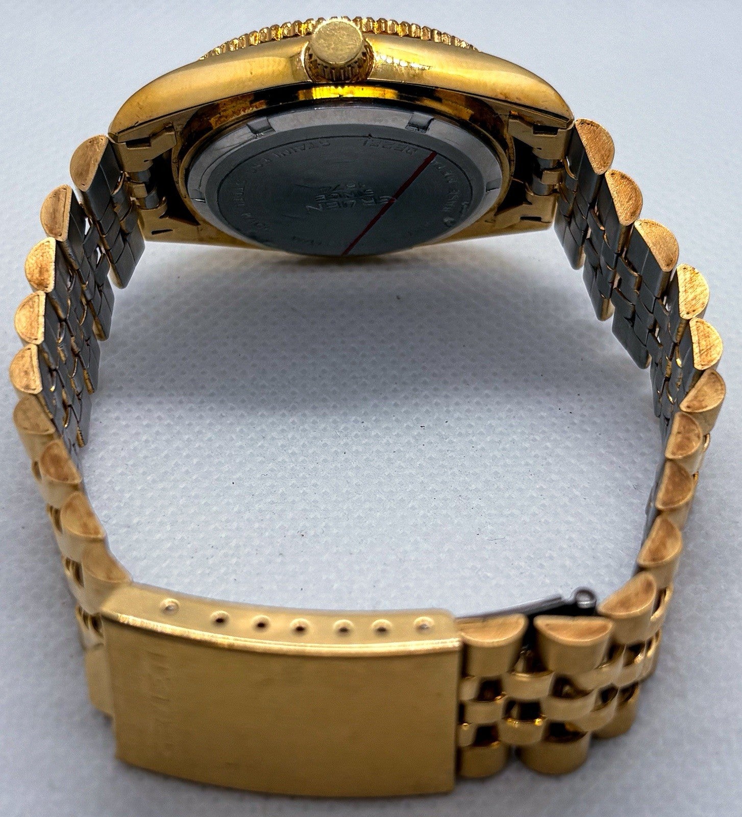 Vintage Gruen President Day Date Quartz Gold Tone Iced Bezel Crystal Men's Watch