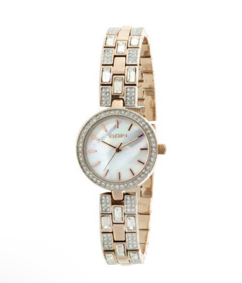 Elgin Womens Mother of Pearl Watch & Bracelet Set Genuine Crystals EG10003ST