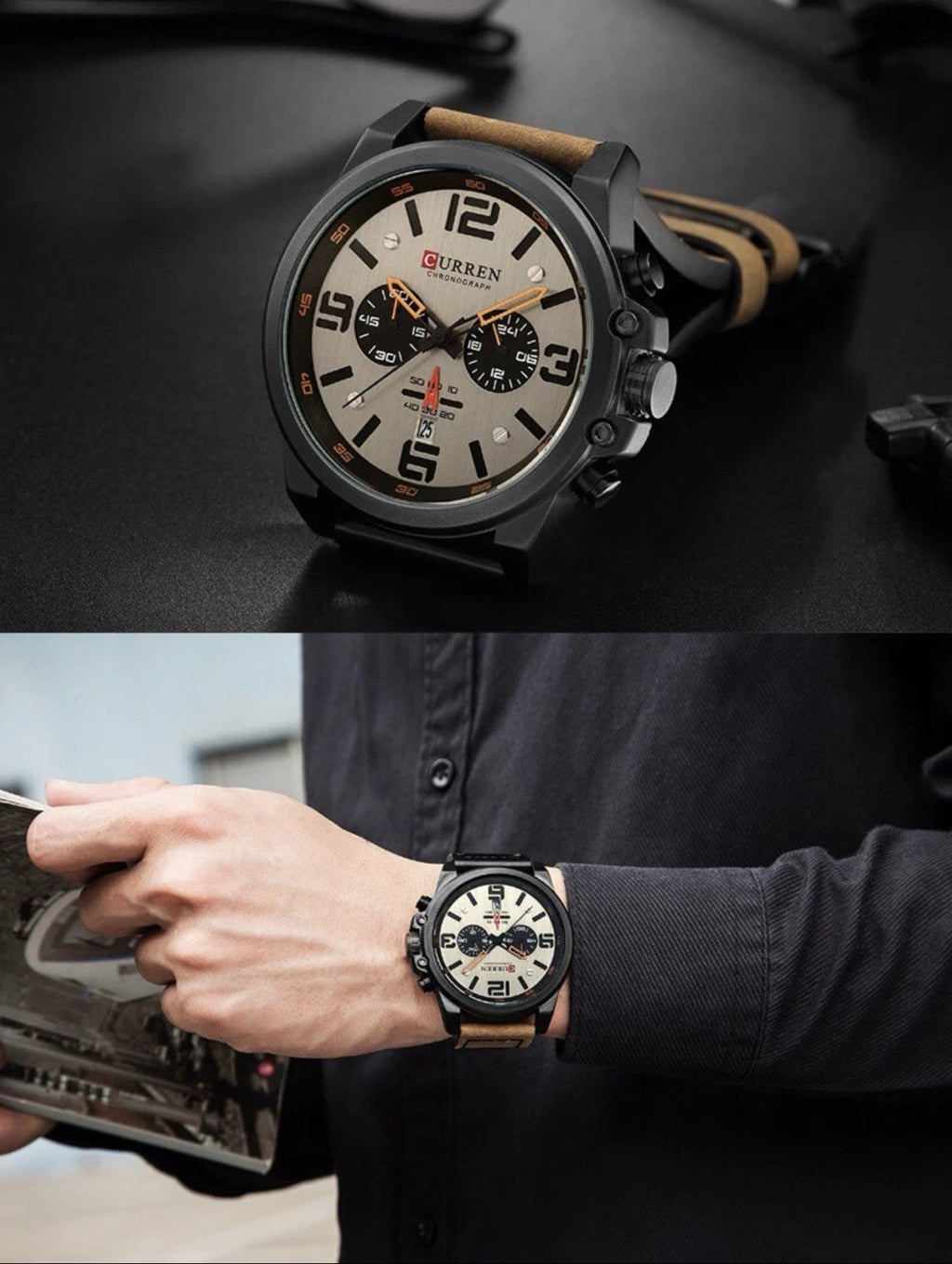CURREN 8314 Chronograph Business Style Men Wrist Watch-Brown Leather Band