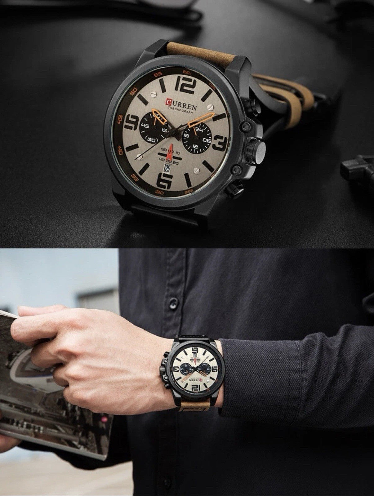 CURREN 8314 Chronograph Business Style Men Wrist Watch-Brown Leather Band