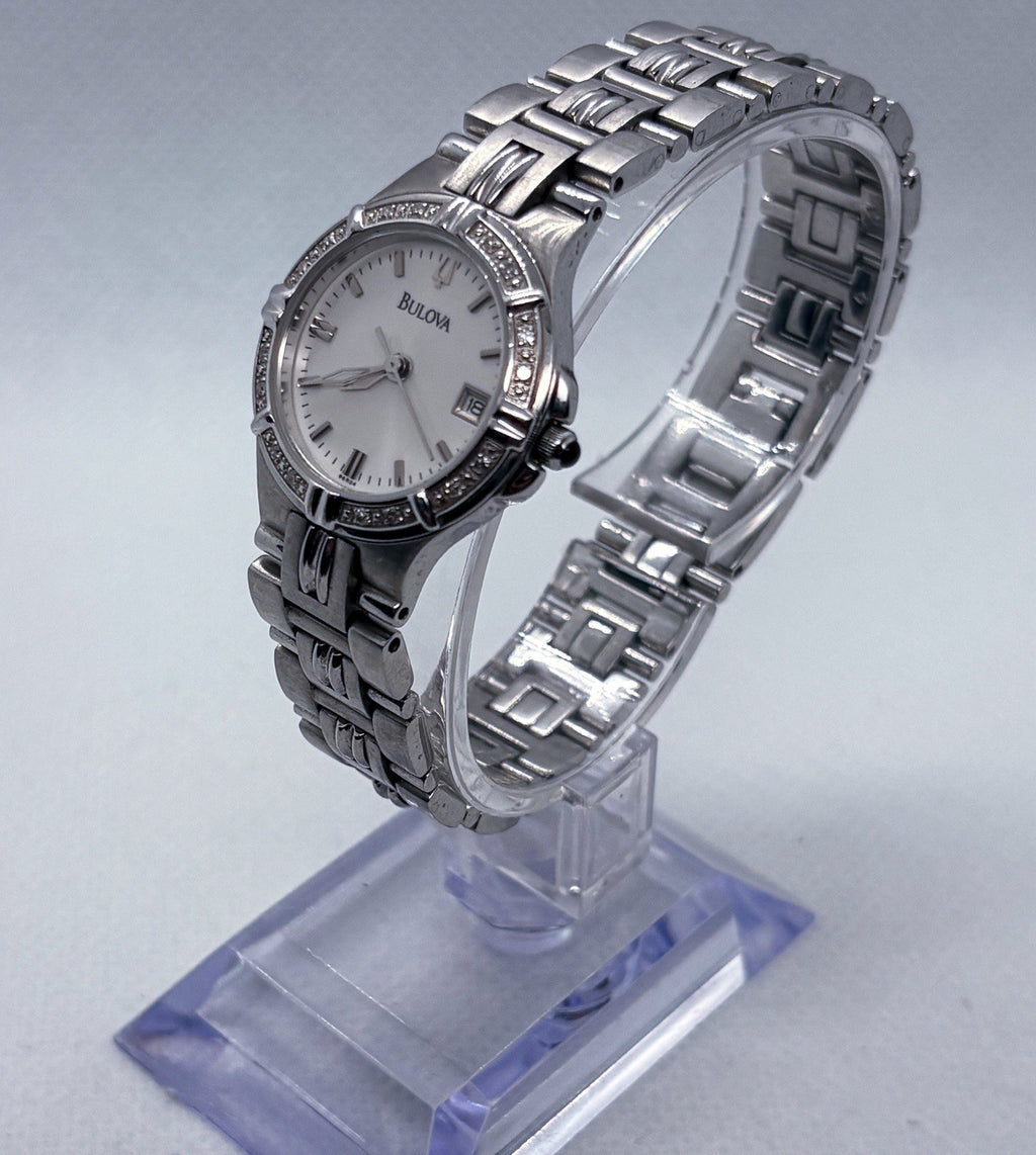 Vintage 2000s Bulova 96R04 C867878 Diamond Bezel Stainless Steel Ladies Watch