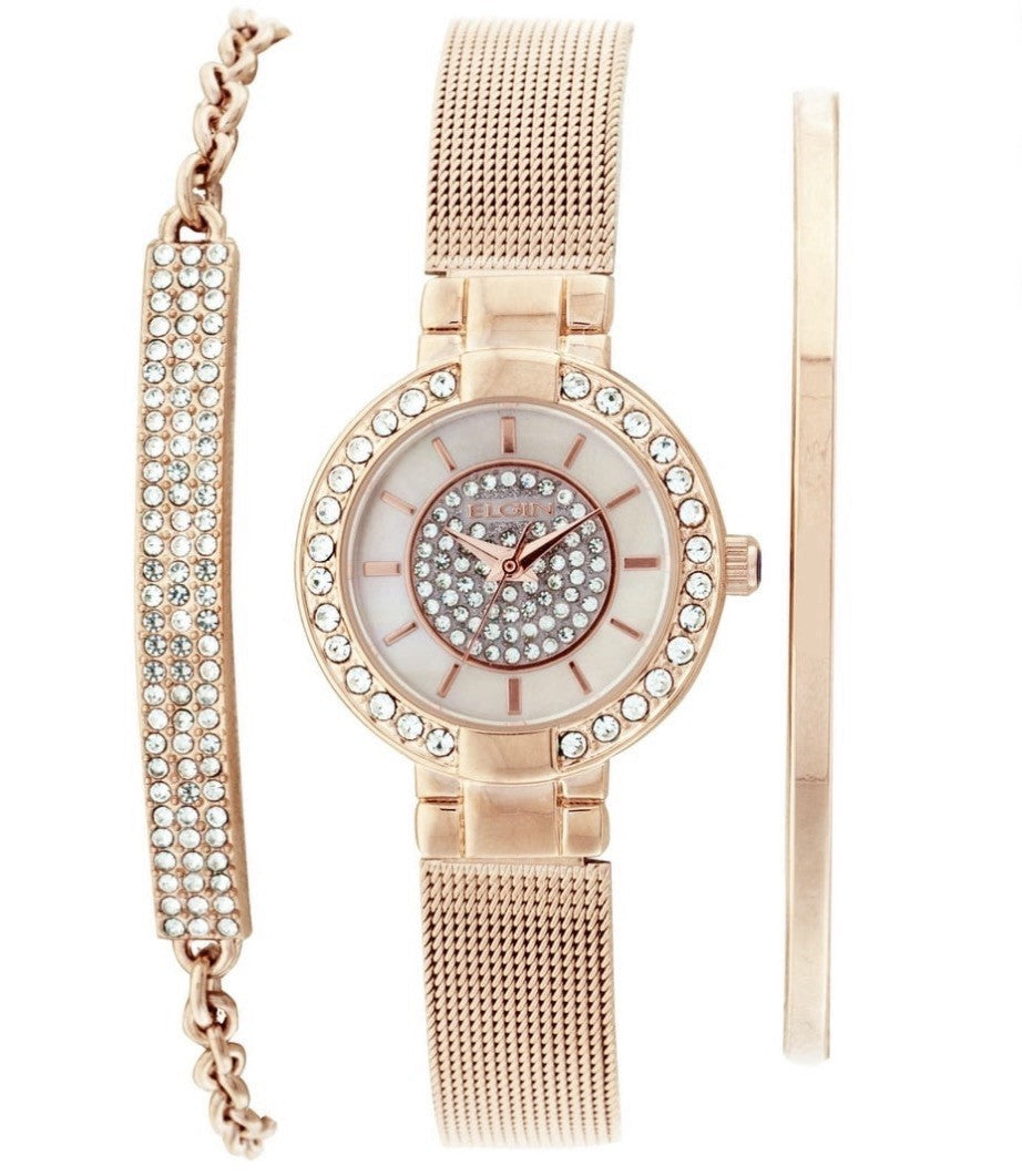Elgin Rose Gold Women's Watch Genuine Crystal & Matching Bracelet Set New Style!