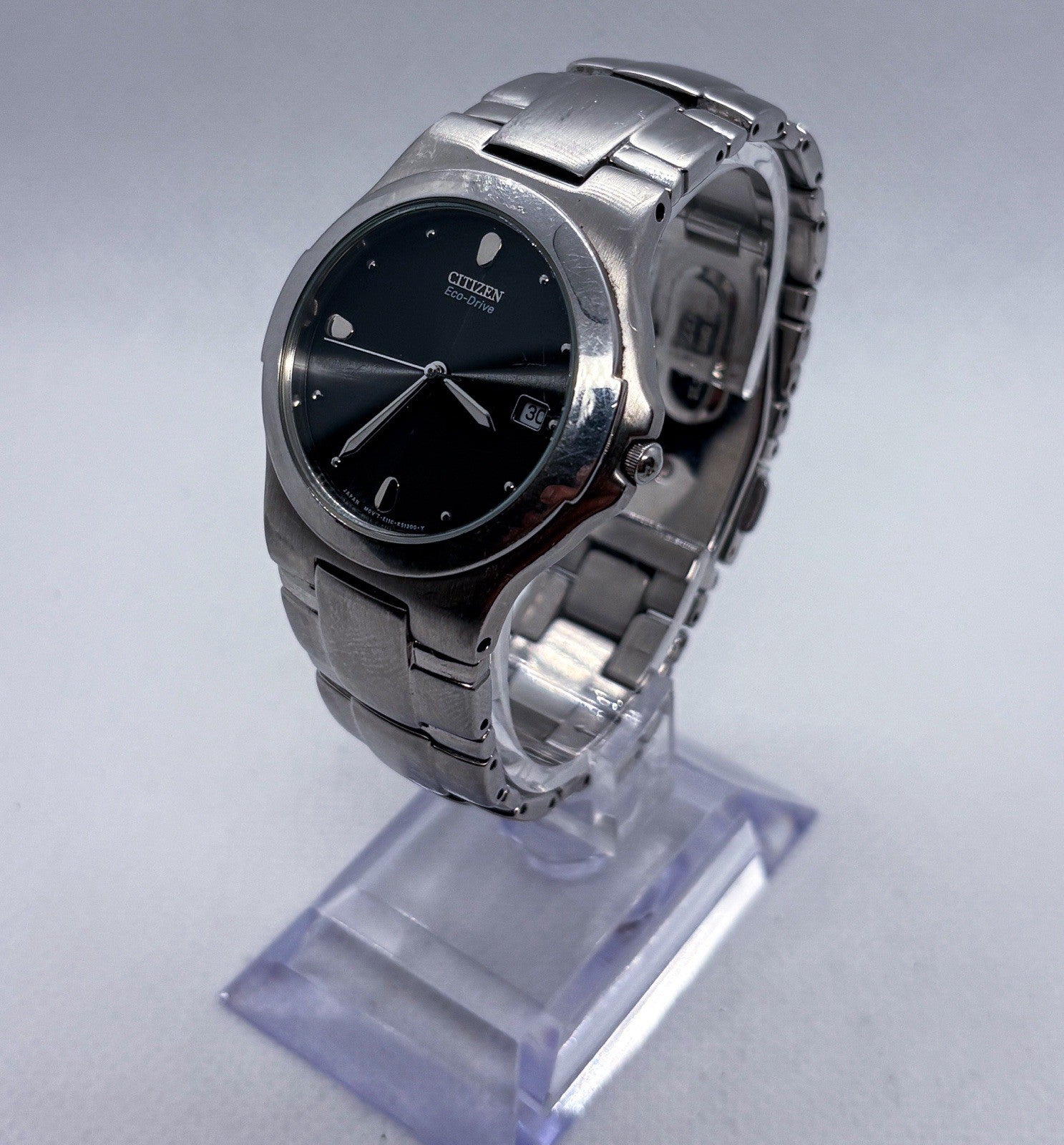 VTG Citizen Eco-Drive E110-K16750 Men's Black Diamond Dial Steel Watch 6” Wrist