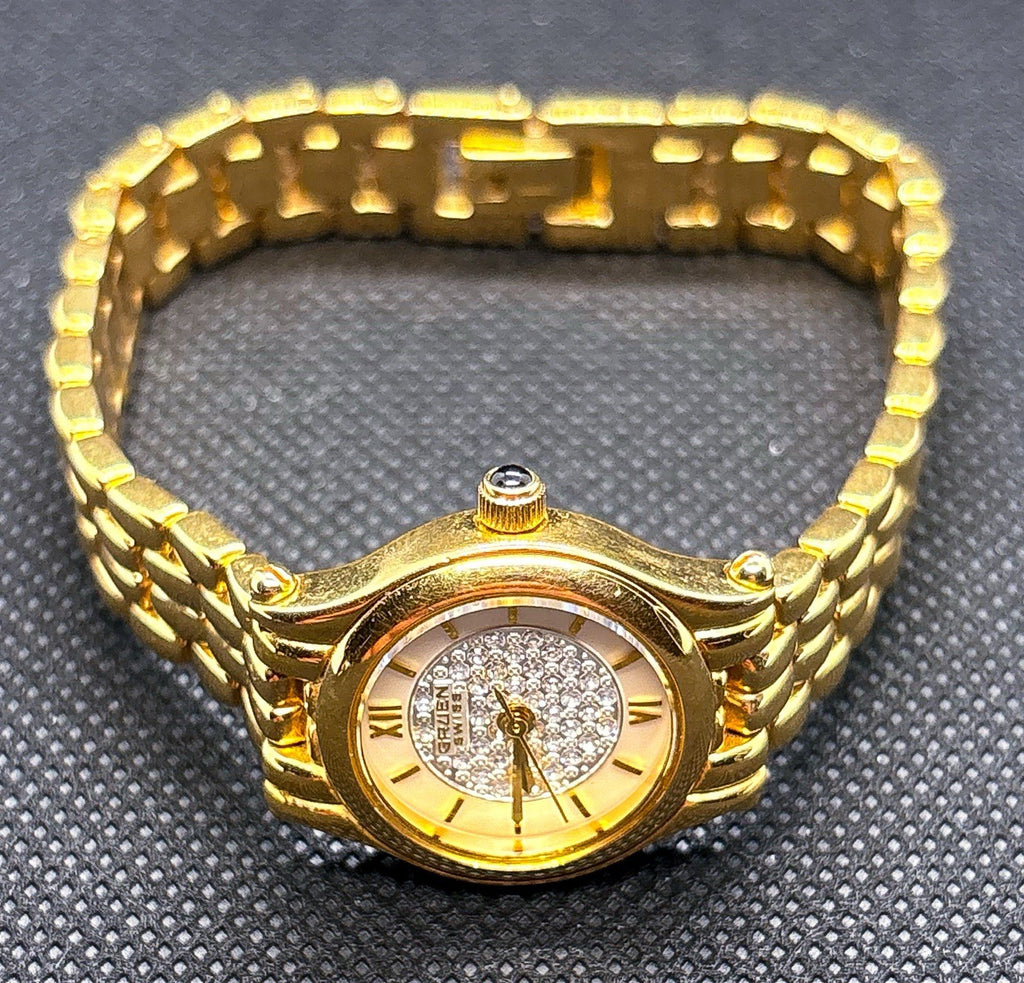 Vintage 1990s Gruen Swiss GSL014 Crystal Accent Dial 22mm Gold Tone Ladies Watch