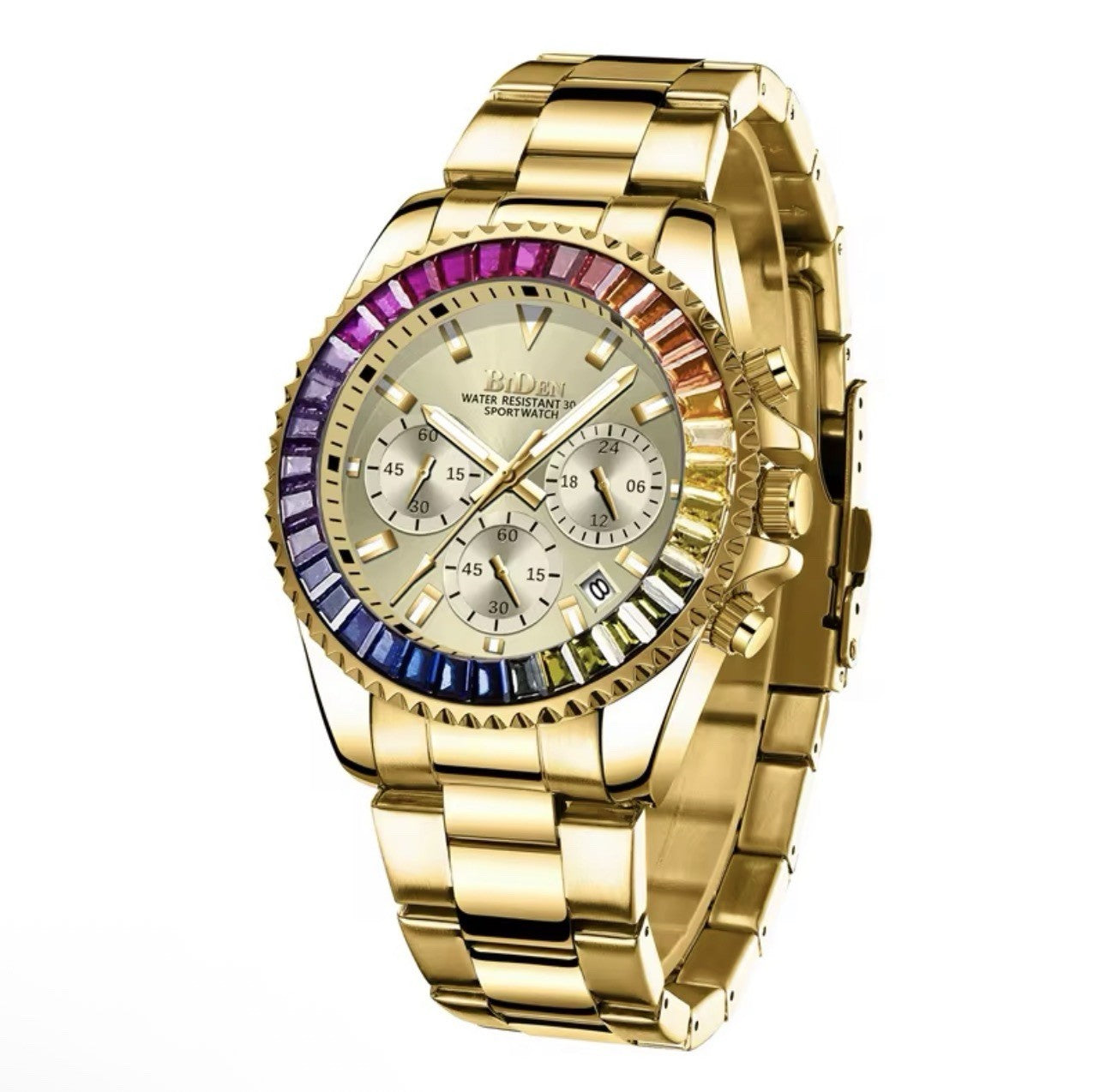 Biden Gold Tone Multicolor Gem Bezel Quartz Men’s Watch Biden-0163 New