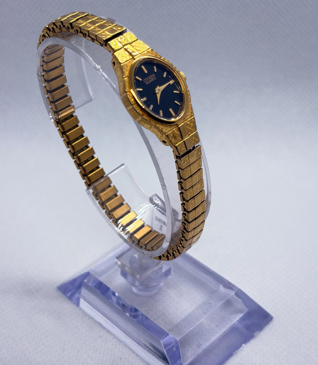Vintage Citizen Quartz Black Dial Gold Tone Oval Ladies Dress Watch 5920-S96494
