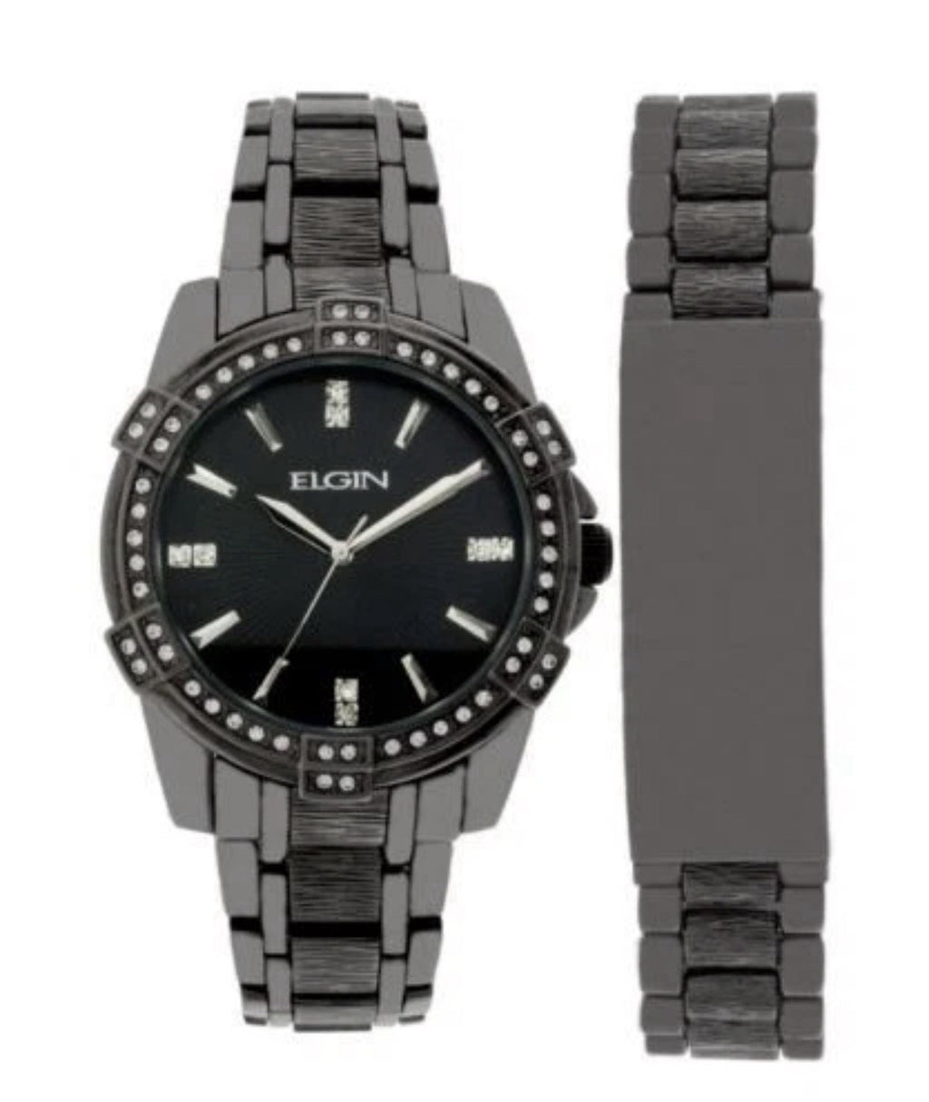 Elgin Men’s Black Tone Quartz Watch FG10009GNST 2 Pcs Set 42mm