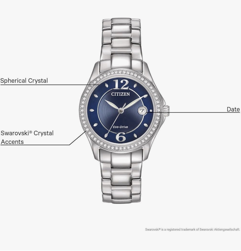 Citizen Eco-Drive Silhouette Crystal 30mm Silver SS Case Blue Dial FE1140-86L