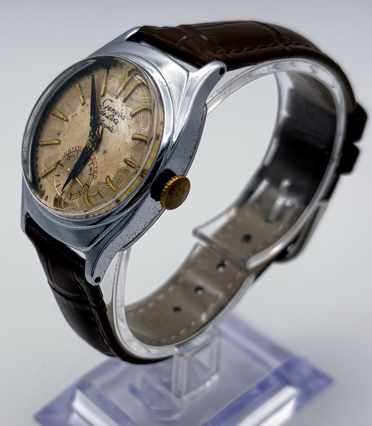 VTG 1962 Geneva De Luxe Mechanical Watch New Crystal Sub Second Guilloche L308U