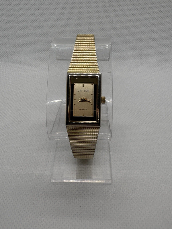 Vintage UNITRON Gold-Tone Quartz Watch Rectangular Case Mesh Bracelet