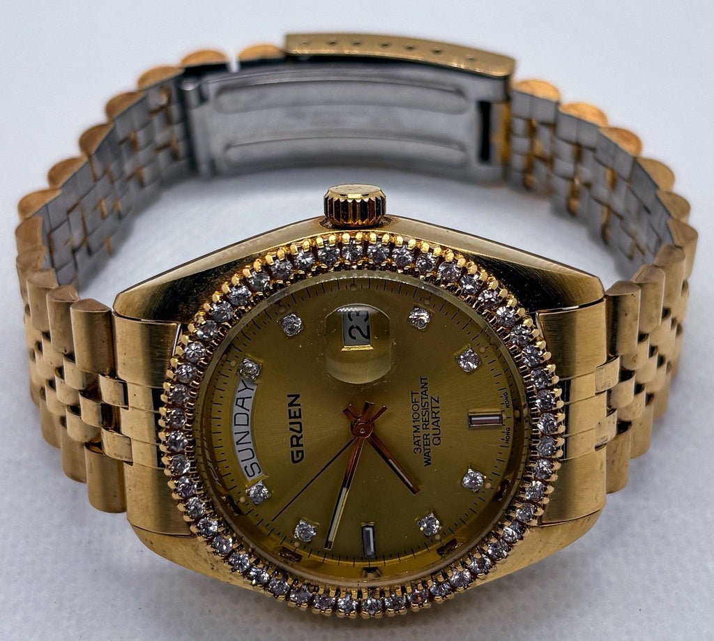 Vintage Gruen President Day Date Quartz Gold Tone Iced Bezel Crystal Men's Watch