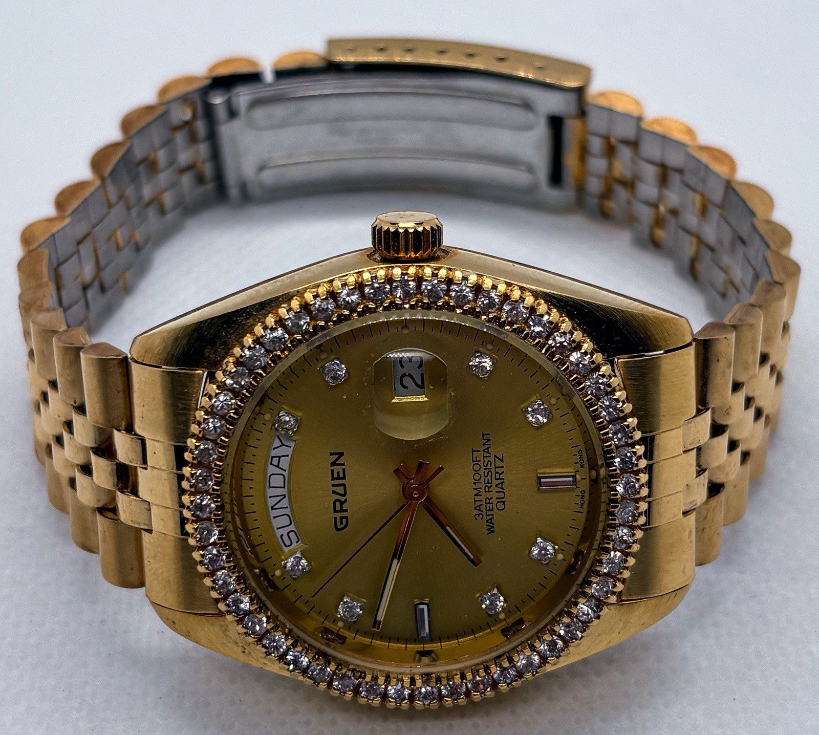 Vintage Gruen President Day Date Quartz Gold Tone Iced Bezel Crystal Men's Watch