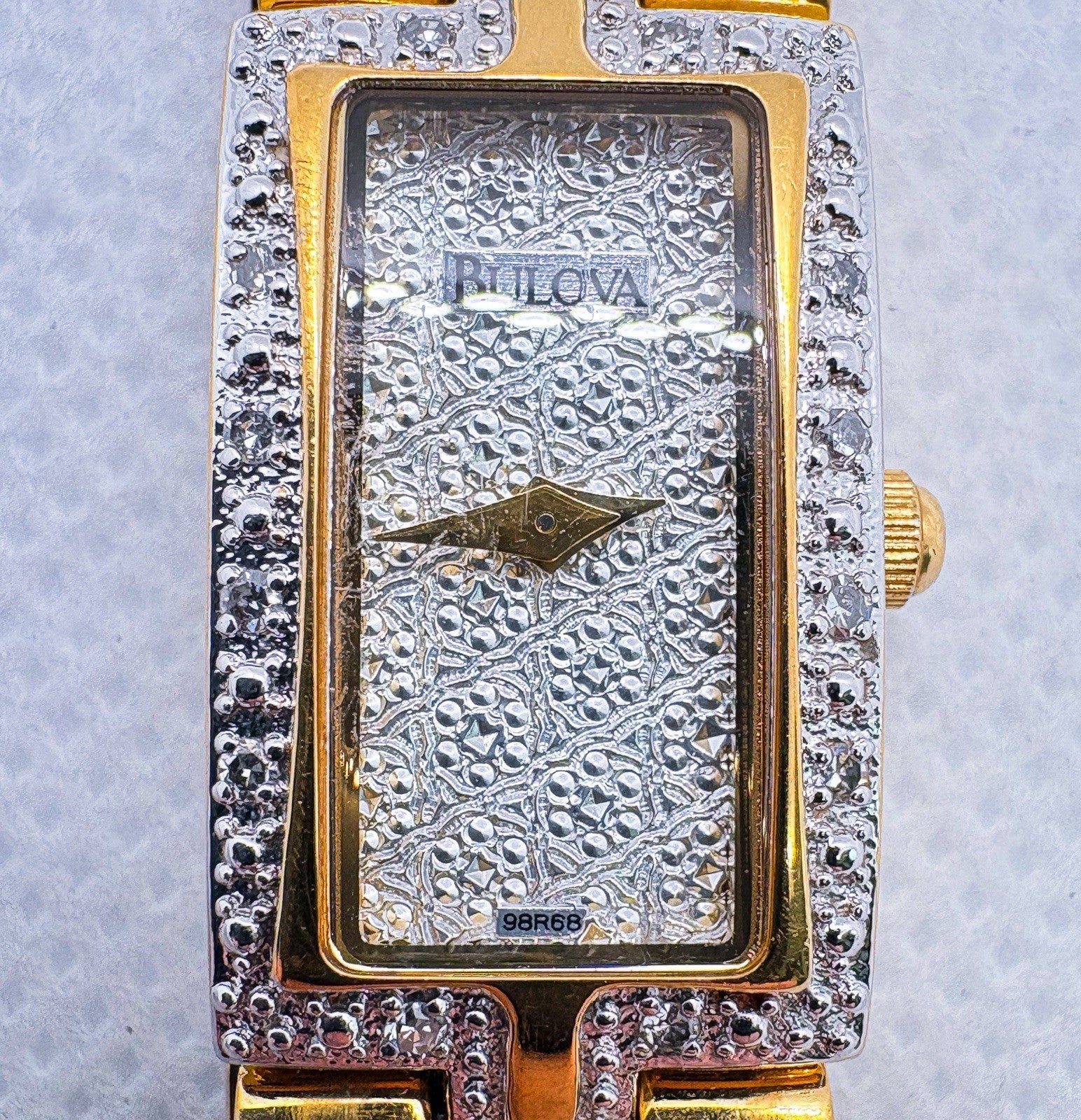 Bulova Ladies Diamond Watch 98R68 Two Tone Cross Link Patterned Dial WORKING