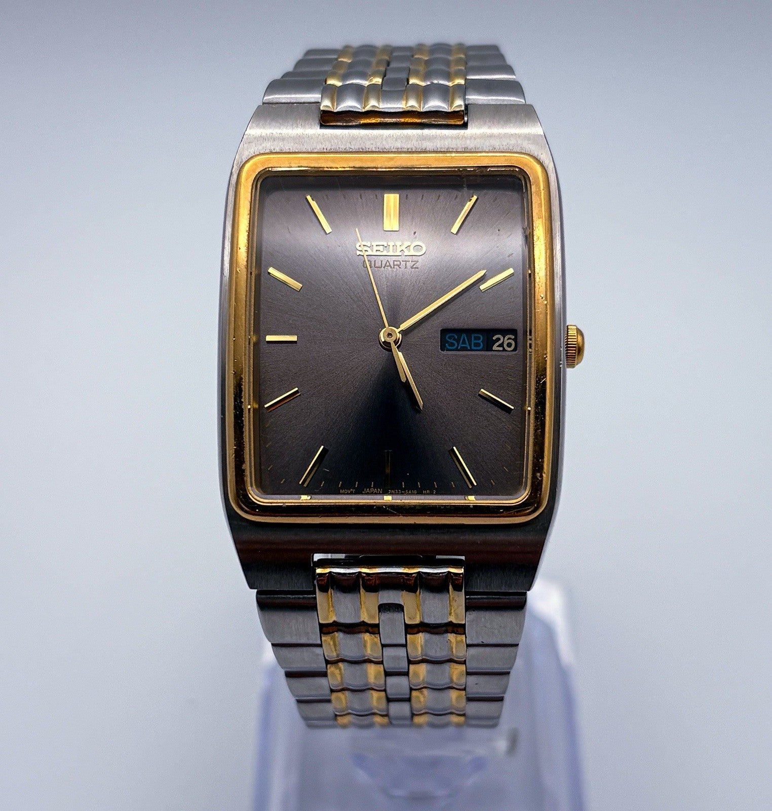 Vintage 1993 Seiko Quartz Two Tone Tank Watch Grey Dial Day Date 7N33-5A09 [R1]