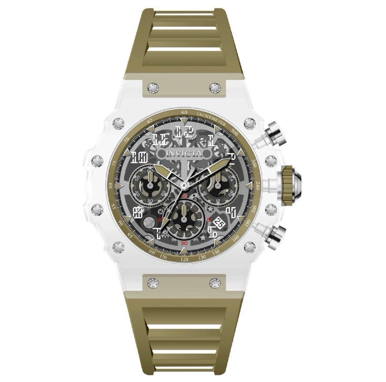 Invicta Racing Vaulthan Men's Watch 69682 44mm Clear Case Olive Green Band Skel