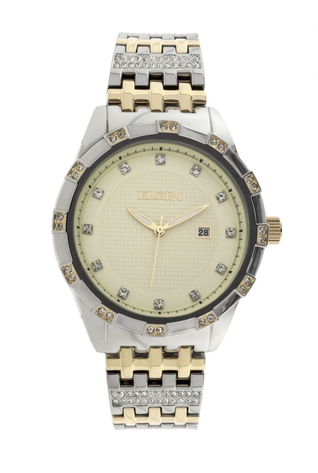 Elgin Men Dress Watch 45mm Textured Champagne Date Dial Gem Set Two-Tone FG9100