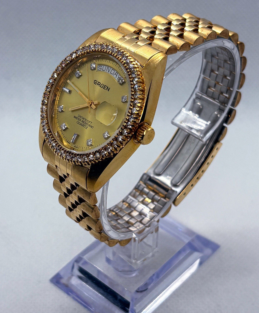 Vintage Gruen President Day Date Quartz Gold Tone Iced Bezel Crystal Men's Watch