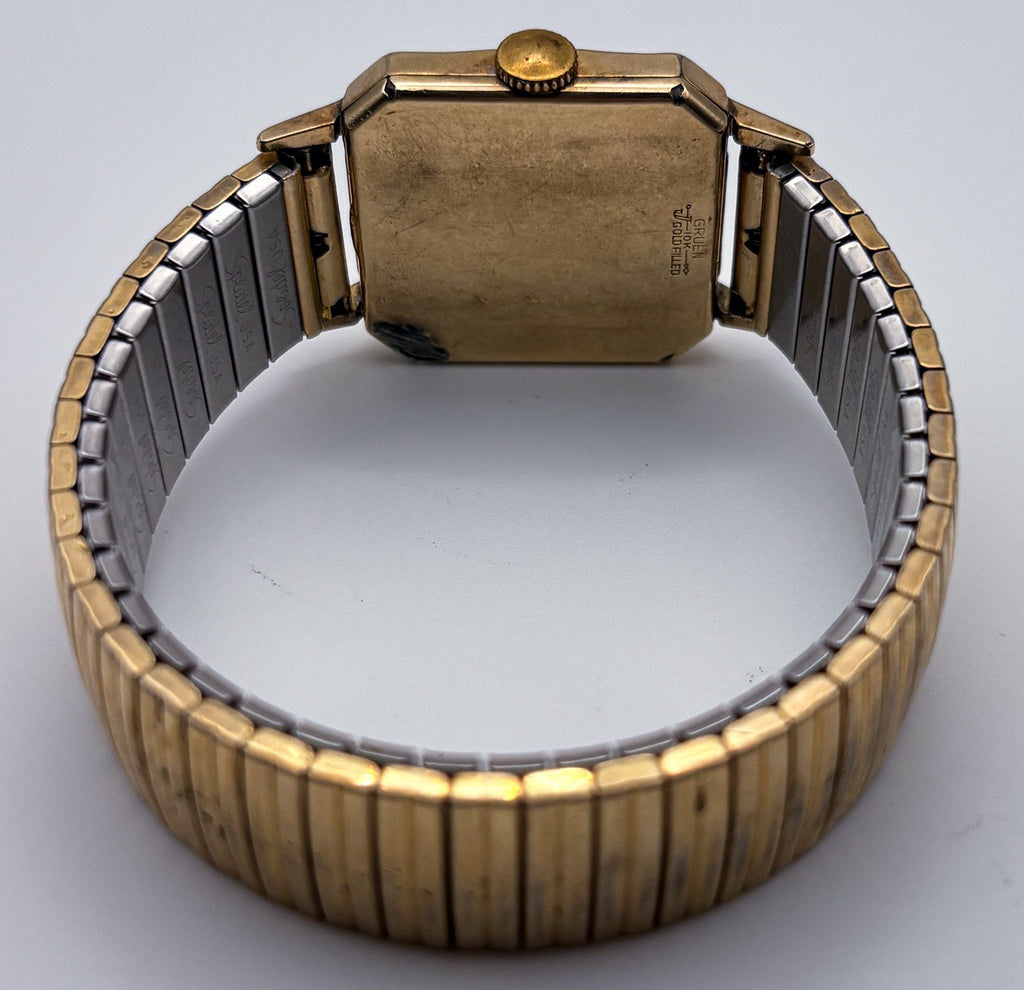 Vintage 1950 Gruen Veri-Thin 10K Gold Filled Faceted Bezel Black Gilt Mens Watch