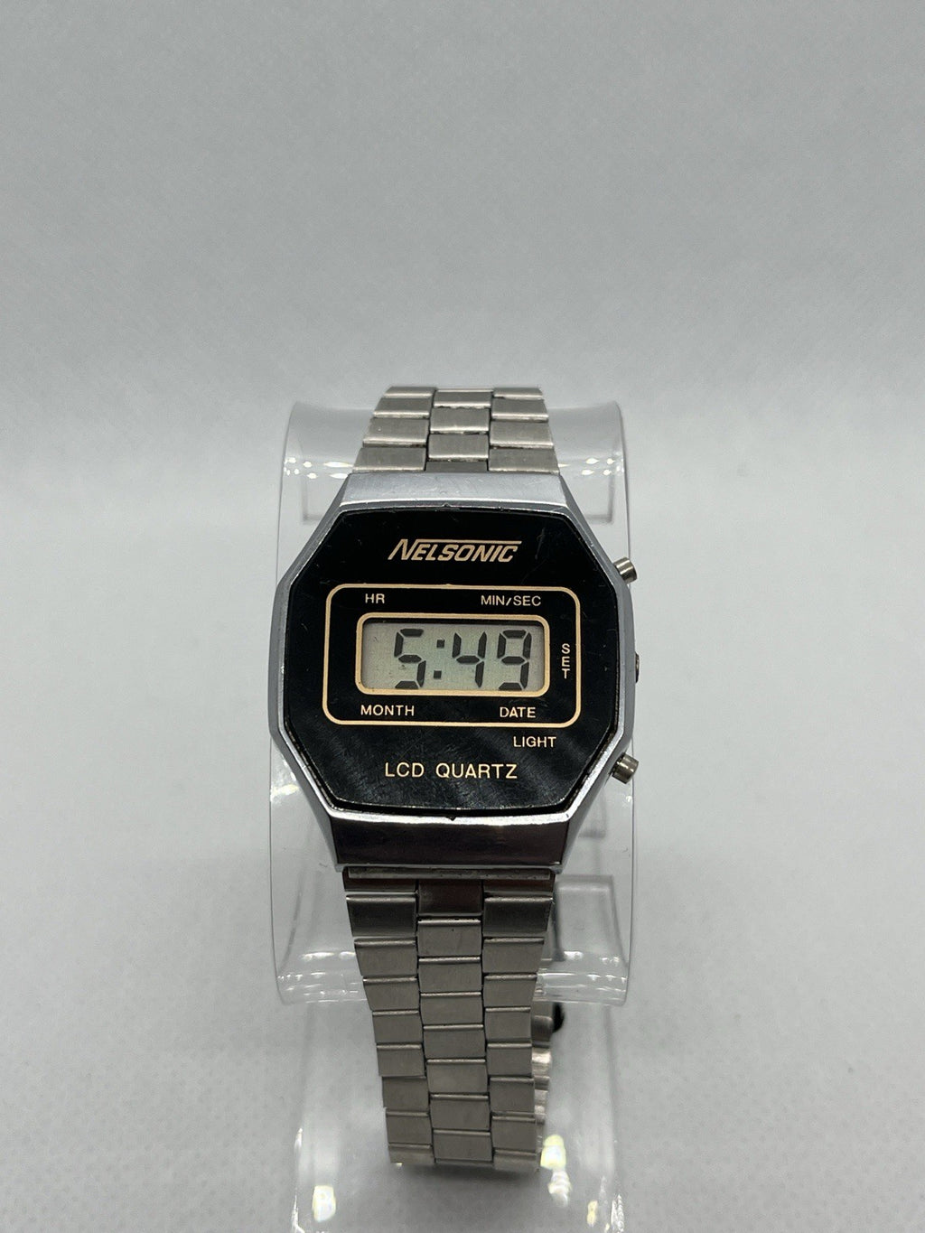 Vintage 1980s Nelsonic LCD Digital Calendar Watch Stainless Steel Working
