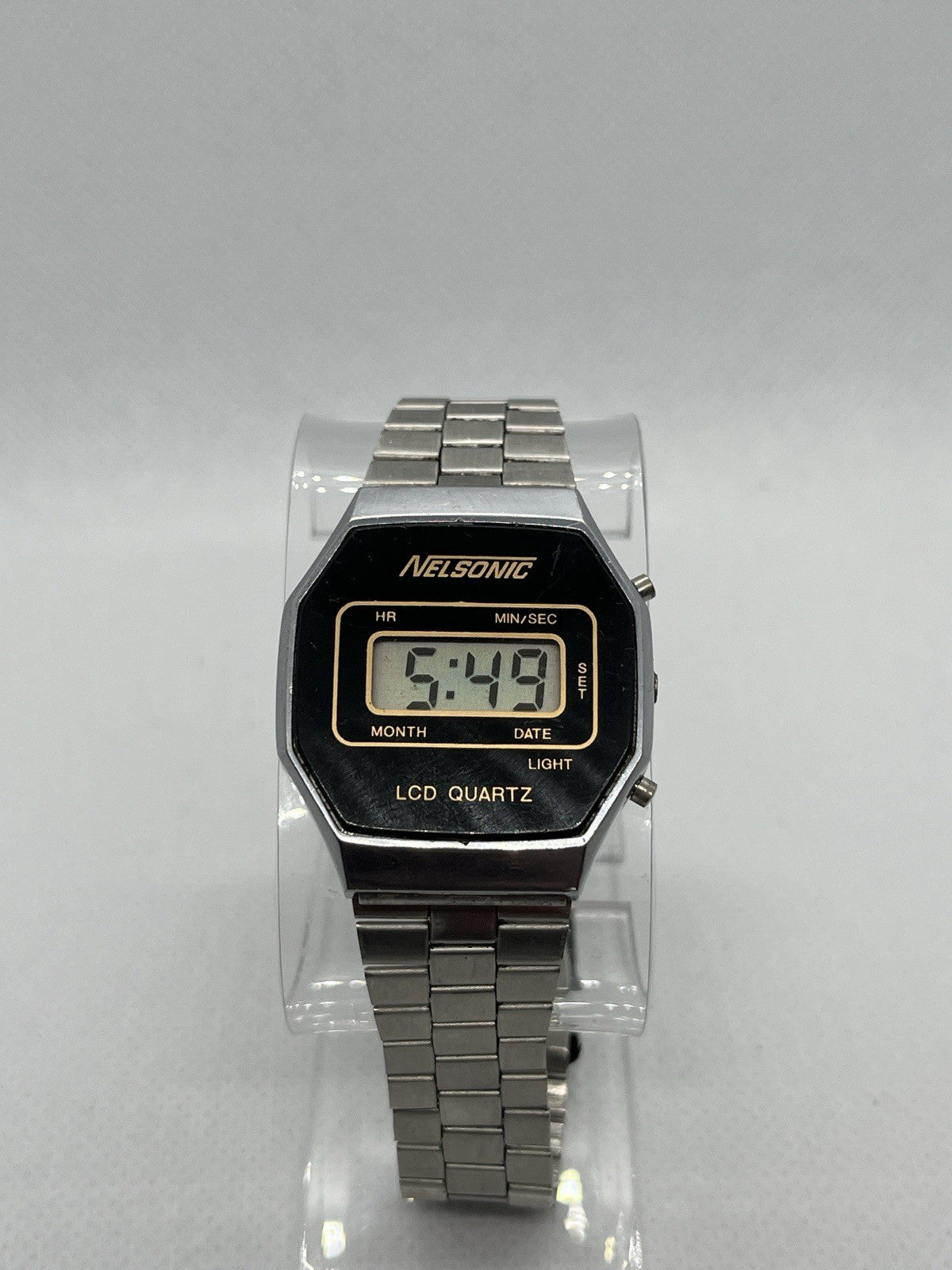Vintage 1980s Nelsonic LCD Digital Calendar Watch Stainless Steel Working